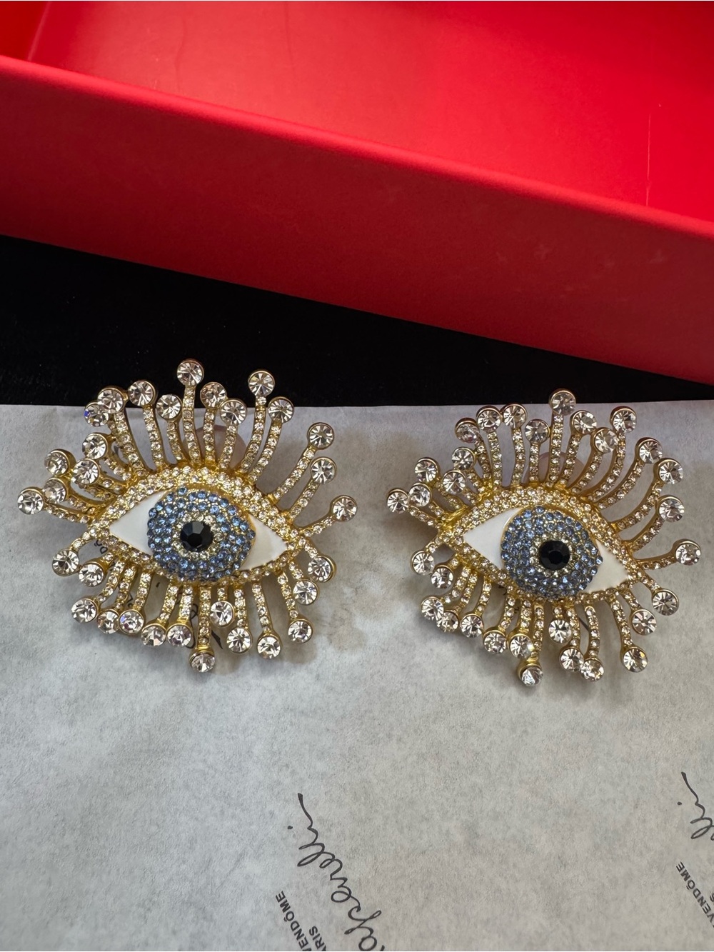 Schiaparelli Inspired Gold Crystal Eye Statement Earrings - Blue & Gold